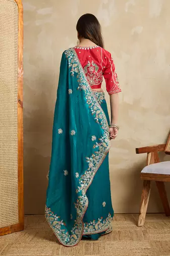 Teal green embroidery work frendy chiffon saree