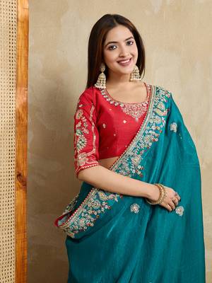 Teal green embroidery work frendy chiffon saree 3