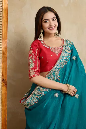 Teal green embroidery work frendy chiffon saree