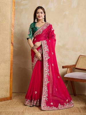 Pink embroidery work frendy chiffon saree 1