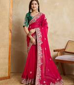 Pink embroidery work frendy chiffon saree