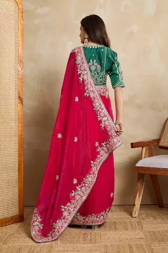 Pink embroidery work frendy chiffon saree