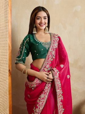 Pink embroidery work frendy chiffon saree 3