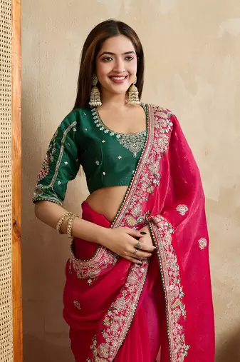 Pink embroidery work frendy chiffon saree