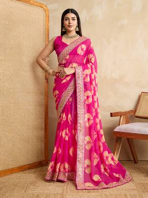 Pink georgette festive wear saree 1