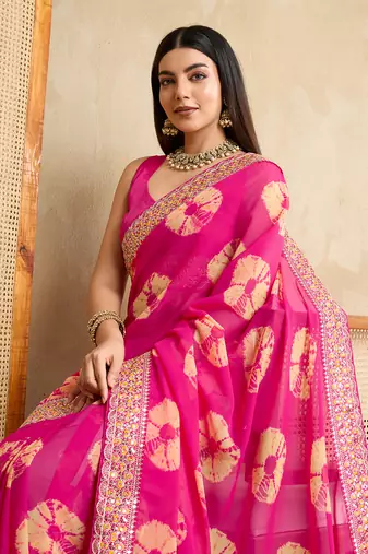 Pink georgette festive wear saree
