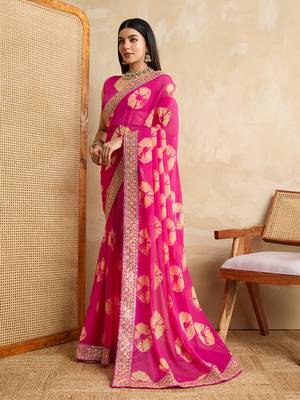 Pink georgette festive wear saree 4