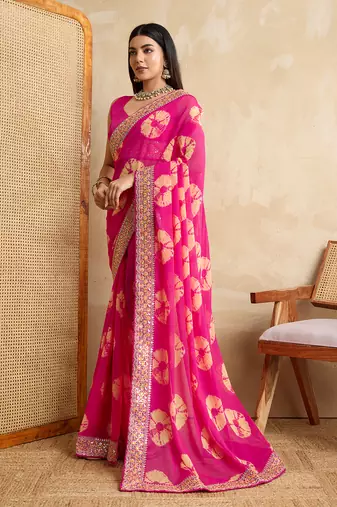 Pink georgette festive wear saree
