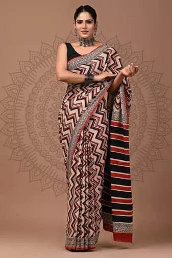 Rust   soft cotton bagru block print saree with blouse piece
