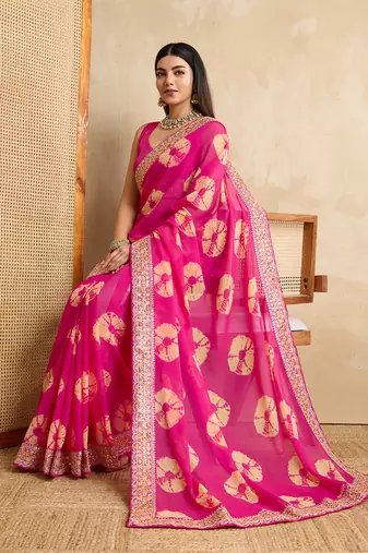 Pink georgette festive wear saree