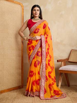 Yellow georgette festive wear saree 1