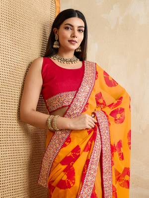 Yellow georgette festive wear saree 3