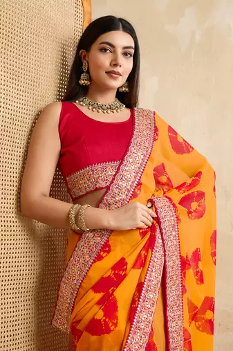 Yellow georgette festive wear saree