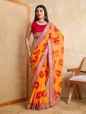 Yellow georgette festive wear saree 4