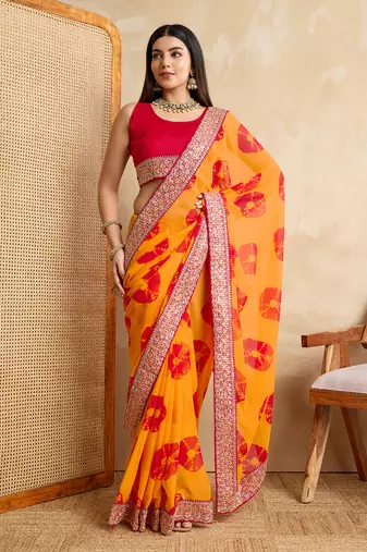 Yellow georgette festive wear saree