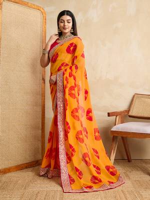 Yellow georgette festive wear saree 5