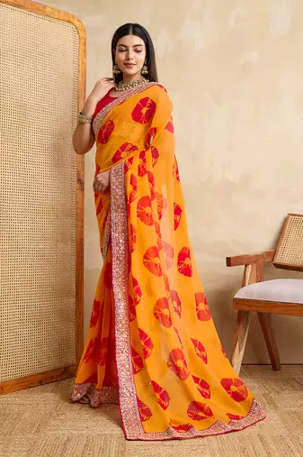 Yellow georgette festive wear saree
