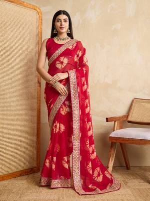 Red georgette festive wear saree 1