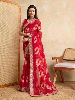 Red georgette festive wear saree 4