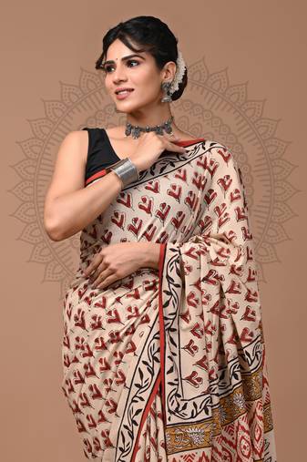 Rust   bagru block print motifs natural dyes saree with blouse piece
