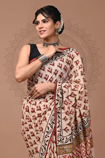 Rust   bagru block print motifs natural dyes saree with blouse piece