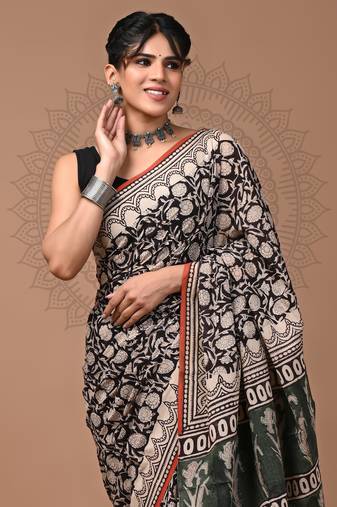 Black   bagru block print motifs natural dyes saree with blouse piece