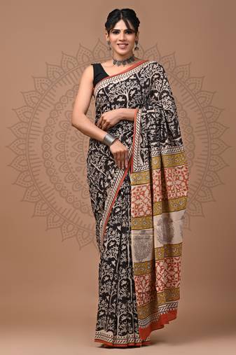 Black   bagru block print motifs natural dyes saree with blouse piece