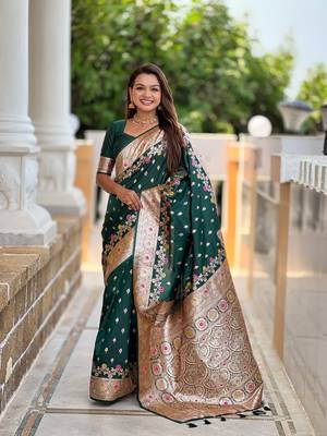 Green faux banarasi silk blend meenakari woven saree 1