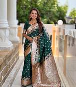 Green banarasi silk blend meenakari woven saree