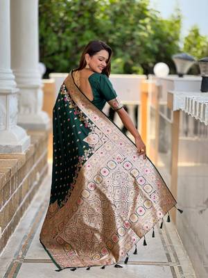 Green faux banarasi silk blend meenakari woven saree 2