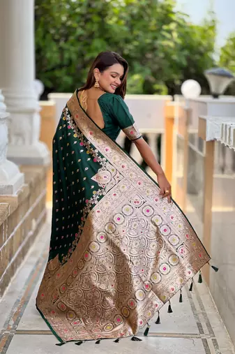 Green faux banarasi silk blend meenakari woven saree