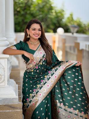 Green faux banarasi silk blend meenakari woven saree 3