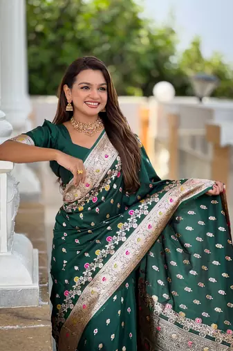 Green faux banarasi silk blend meenakari woven saree