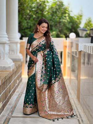Green faux banarasi silk blend meenakari woven saree 4
