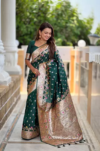 Green faux banarasi silk blend meenakari woven saree