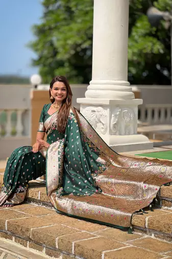 Green faux banarasi silk blend meenakari woven saree