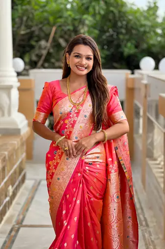 Gajri faux banarasi silk blend meenakari woven saree