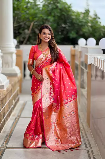 Gajri faux banarasi silk blend meenakari woven saree