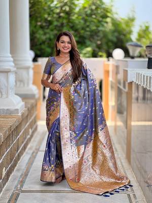 Grey faux banarasi silk blend meenakari woven saree 1