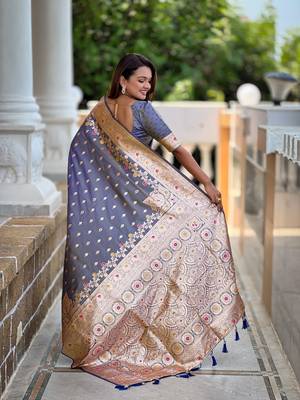 Grey faux banarasi silk blend meenakari woven saree 2