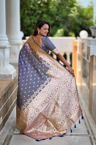 Grey faux banarasi silk blend meenakari woven saree