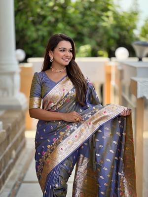 Grey faux banarasi silk blend meenakari woven saree 3