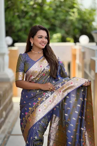 Grey faux banarasi silk blend meenakari woven saree