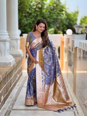 Grey faux banarasi silk blend meenakari woven saree 4