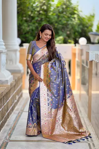 Grey faux banarasi silk blend meenakari woven saree