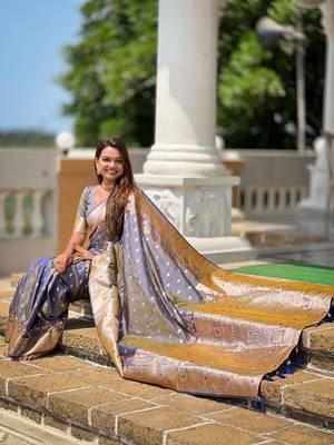 Grey faux banarasi silk blend meenakari woven saree 5