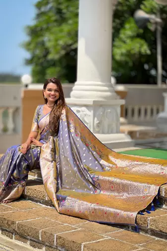 Grey faux banarasi silk blend meenakari woven saree