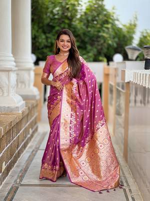 Onion faux banarasi silk blend meenakari woven saree 1