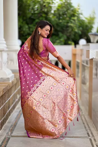 Onion faux banarasi silk blend meenakari woven saree
