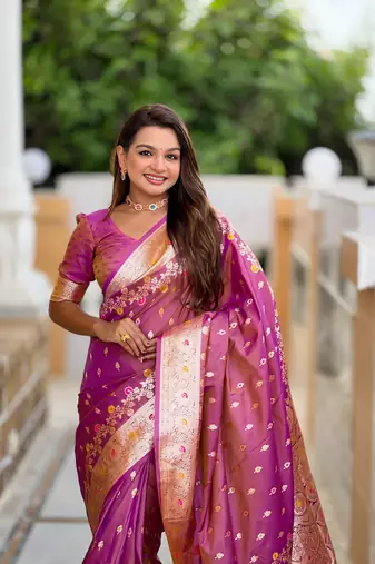 Onion faux banarasi silk blend meenakari woven saree
